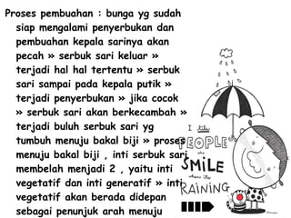 Proses pembuahan : bunga yg sudah
siap mengalami penyerbukan dan
pembuahan kepala sarinya akan
pecah » serbuk sari keluar »
terjadi hal hal tertentu » serbuk
sari sampai pada kepala putik »
terjadi penyerbukan » jika cocok
» serbuk sari akan berkecambah »
terjadi buluh serbuk sari yg
tumbuh menuju bakal biji » proses
menuju bakal biji , inti serbuk sari
membelah menjadi 2 , yaitu inti
vegetatif dan inti generatif » inti
vegetatif akan berada didepan
sebagai penunjuk arah menuju

 