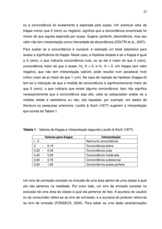 27



ou a concordância foi exatamente a esperada pelo acaso. Um eventual valor de
Kappa menor que 0 (zero) ou negativo, significa que a concordância encontrada foi
menor do que aquela esperada por acaso. Sugere, portanto, discordância, mas seu
valor não tem interpretação como intensidade de discordância (COLTRI et al., 2007).

Para avaliar se a concordância é razoável, é realizado um teste estatístico para
avaliar a significância do Kappa. Neste caso, a hipótese testada é se o Kappa é igual
a 0 (zero), o que indicaria concordância nula, ou se ele é maior do que 0 (zero),
concordância maior do que o acaso: H0: K = 0; e H1: K > 0. Um Kappa com valor
negativo, que não tem interpretação cabível, pode resultar num paradoxal nível
crítico (valor de p) maior do que 1 (um). No caso de rejeição da hipótese (Kappa=0)
tem-se a indicação de que a medida de concordância é significantemente maior do
que 0 (zero), o que indicaria que existe alguma concordância. Isso não significa
necessariamente que a concordância seja alta, cabe ao pesquisador avaliar se a
medida obtida é satisfatória ou não, isto baseado, por exemplo, em dados de
literatura ou pesquisas anteriores. Landis & Koch (1977) sugerem a interpretação
que consta da Tabela 1.




Tabela 1 - Valores de Kappa e interpretação segundo Landis & Koch (1977)

                 Valores para Kappa                 Interpretação
       < 0                                 Nenhuma concordância
       0     -    0,19                     Concordância pobre
       0,20 -     0,39                     Concordância justa
       0,40 -     0,59                     Concordância moderada
       0,60 -     0,79                     Concordância substancial
       0,80 -     1,00                     Concordância quase perfeita




Um erro de comissão consiste na inclusão de uma área dentro de uma classe à qual
ela não pertence na realidade. Por outro lado, um erro de omissão consiste na
exclusão de uma área da classe à qual ela pertence de fato. A acurácia do usuário
ou do consumidor refere-se ao erro de comissão, e a acurácia do produtor refere-se
ao erro de omissão (FONSECA, 2000). Para saber se uma dada caracterização/
 