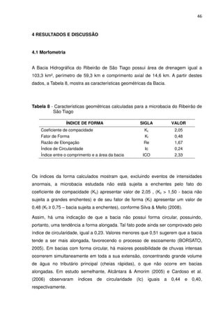 46



4 RESULTADOS E DISCUSSÃO


4.1 Morfometria


A Bacia Hidrográfica do Ribeirão de São Tiago possui área de drenagem igual a
103,3 km², perímetro de 59,3 km e comprimento axial de 14,6 km. A partir destes
dados, a Tabela 8, mostra as características geométricas da Bacia.




Tabela 8 - Características geométricas calculadas para a microbacia do Ribeirão de
          São Tiago

                  ÍNDICE DE FORMA                        SIGLA              VALOR
    Coeficiente de compacidade                                Kc             2,05
    Fator de Forma                                            Kf             0,48
    Razão de Elongação                                        Re             1,67
    Índice de Circularidade                                   Ic             0,24
    Índice entre o comprimento e a área da bacia          ICO                2,33




Os índices da forma calculados mostram que, excluindo eventos de intensidades
anormais, a microbacia estudada não está sujeita a enchentes pelo fato do
coeficiente de compacidade (Kc) apresentar valor de 2,05 , (Kc > 1,50 - bacia não
sujeita a grandes enchentes) e de seu fator de forma (Kf) apresentar um valor de
0,48 (Kf ≥ 0,75 – bacia sujeita a enchentes), conforme Silva & Mello (2008).

Assim, há uma indicação de que a bacia não possui forma circular, possuindo,
portanto, uma tendência a forma alongada. Tal fato pode ainda ser comprovado pelo
índice de circularidade, igual a 0,23. Valores menores que 0,51 sugerem que a bacia
tende a ser mais alongada, favorecendo o processo de escoamento (BORSATO,
2005). Em bacias com forma circular, há maiores possibilidade de chuvas intensas
ocorrerem simultaneamente em toda a sua extensão, concentrando grande volume
de água no tributário principal (cheias rápidas), o que não ocorre em bacias
alongadas. Em estudo semelhante, Alcântara & Amorim (2005) e Cardoso et al.
(2006)   observaram     índices   de   circularidade   (Ic)    iguais   a   0,44    e   0,40,
respectivamente.
 