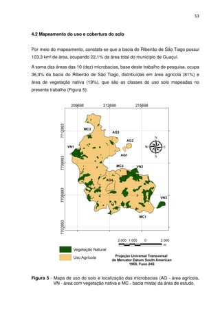 53



4.2 Mapeamento do uso e cobertura do solo


Por meio do mapeamento, constata-se que a bacia do Ribeirão de São Tiago possui
103,3 km² de área, ocupando 22,1% da área total do município de Guaçuí.

A soma das áreas das 10 (dez) microbacias, base deste trabalho de pesquisa, ocupa
36,3% da bacia do Ribeirão de São Tiago, distribuídas em área agrícola (81%) e
área de vegetação nativa (19%), que são as classes do uso solo mapeadas no
presente trabalho (Figura 5).




Figura 5 - Mapa de uso do solo e localização das microbacias (AG - área agrícola,
           VN - área com vegetação nativa e MC - bacia mista) da área de estudo.
 