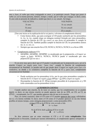 Apuntes de morfosintaxis
amo a Juan, el verbo que estoy conjugando es amar, y su participio amado. Tengo que poner el
verbo ser, en la misma persona, número, tiempo y modo, que el verbo que conjugo; es decir, como,
Yo amo está en presente de indicativo, tendré que decir yo soy amado. Así tengo:
VOZ ACTIVA VOZ PASIVA
Yo amo Yo soy amado
Tú amas Tú eres amado
Él ama Él es amado...
[Tras este inciso en la explicación de la voz pasiva, volvemos al complemento directo]
• Como hemos dicho, que para averiguar el CD puedo sustituirlo por los pronombres
lo, los, la, las, cuando tengo un sintagma nominal formado por estos pronombres,
cumplen la función de CD: Lo conocí en una fiesta (el pronombre lo cumple la
función de CD). También pueden cumplir la función de CD, los pronombres átonos
me, te, se, nos, os.
• Siempre que una oración lleve CD, NUNCA, NUNCA, NUNCA va a llevar ATR.
• Complemento indirecto (CI):
• SIEMPRE, SIEMPRE, SIEMPRE va encabezado por la preposición a (Compré un
regalo a Luis). NUNCA, NUNCA, NUNCA puede ir encabezado por otra
preposición que no sea a.
Es un error muy grave decir que el CI puede ir encabezado por la preposición para, así en la
oración Compré un regalo para Luis; “para Luis” cumple la función de complemento
circunstancial de finalidad. La prueba está en que puedo decir Compré un regalo para Luis a la
vendedora, en donde a la vendedora cumpliría la función de CI y para Luis, complemento
circunstancial de finalidad.
• Puede sustituirse por los pronombres le/les, por lo que estos pronombres cumplen la
función de CI: Compré un regalo a Luis (SPrep) = Le (SN) compré un regalo.
• Desempeñan la función de CI: SPrep (siempre precedido de la preposición a) y SN
(sólo construidos con los pronombres le/les)
¡A TENER EN CUENTA!
Cuando analizo una oración, he de tener en cuenta, que los complementos no se pueden
repetir, es decir, en una misma oración no puede aparecer más de un ATR, un CD, un CI, un
CPVO..., exceptuando, los CC, que pueden aparecer más de uno en la oración.
Pero, en ciertas ocasiones, tanto el CD como el CI pueden aparecer dos veces, refiriéndose,
eso sí, a la misma realidad. Es decir, tanto el CD como el CI pueden aparecer en sus dos formas
posibles al mismo tiempo, como sintagma preposicional y como pronombre (SN):
A Juan (CD) no lo (CD) he visto en todo el día
lo = a Juan
No le (CI) he dado a Elvira (CI) tu recado
le = a Elvira
Se dice entonces que en estas oraciones el CD o el CI están reduplicados. Esta
reduplicación es frecuente, cuando por razones informativas, el complemento aparece antepuesto al
verbo.
18
 