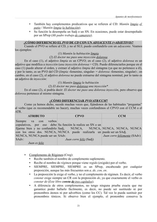 Apuntes de morfosintaxis
• También hay complementos predicativos que se refieren al CD: Mantén limpio el
patio / Mantén limpia la habitación).
• Su función la desempeña un Sadj o un SN. En ocasiones, puede estar desempeñado
por un SPrep (Mi padre trabaja de camarero).
¿CÓMO DIFERENCIO EL PVO DE CD CON UN ADYACENTE (=ADJETIVO)?
Cuando el PVO se refiere al CD, y no al SUJ, puedo confundirlo con un adyacente. Veamos
los ejemplos:
(1) Mantén la habitación limpia
(2) El doctor me puso una inyección dolorosa
En el caso (1), el adjetivo limpia es un CPVO; en el caso (2), el adjetivo dolorosa es un
adjetivo que modifica a inyección (una inyección dolorosa = CD). Puedo diferenciarlos porque en el
caso (1) puedo alterar el orden, y extraer el adjetivo limpia del sintagma (ya que no pertenece a él),
y por lo tanto, es un PVO del CD (limpia -femenino, singular- = dolorosa -femenino, singular) ; en
cambio, en el caso (2), el adjetivo dolorosa no puede extraerse del sintagma nominal, por lo tanto es
un adjetivo de inyección:
(1) Mantén limpia la habitación
(2) El doctor me puso dolorosa una inyección*
En el caso (2), sí podría decir: El doctor me puso una dolorosa inyección, pero observo que
dolorosa pertenece al mismo sintagma.
¿CÓMO DIFERENCIAR PVO/ATR/CCM?
Como ya hemos dicho, sucede muchas veces que, fijándonos de las habituales “preguntas”
al verbo (que es recomendable no hacer), muchas veces confundimos el CPVO con el CCM o el
ATR.
ATRIBUTO CPVO CCM
Siempre va con verbos
copulativos, por eso debo
fijarme bien y no confundirlo
con los otros dos. NUNCA,
NUNCA, NUNCA puede ser un
SAdv:
Juan es feliz
Su función la realiza un SN o un
Sadj, NUNCA, NUNCA,
NUNCA puede realizarla un
SAdv.
Juan corre feliz (Sadj)
NUNCA, NUNCA, NUNCA
puede ser un SAdj.
Juan corre felizmente (SAdv)
• Complemento de Régimen (Creg):
• Recibe también el nombre de complemento suplemento.
• Recibe el nombre de régimen porque viene regido (exigido) por el verbo.
• SIEMPRE, SIEMPRE, SIEMPRE es un SPrep, encabezado por cualquier
preposición, aunque las más frecuentes son a, de, con, en.
• La preposición la exige el verbo, y no el complemento de régimen. Es decir, el verbo
constar exige siempre un CR con la preposición de, ya que exactamente el verbo es
constar de (Este libro consta de tres capítulos).
• A diferencia de otros complementos, no tengo ninguna prueba exacta que me
garantice poder hallarlo fácilmente, es decir, no puede ser sustituido ni por
pronombres átonos ni por adverbios (como los CC). Tal vez lo pueda sustituir por
pronombres tónicos. Si observo bien el ejemplo, el pronombre conserva la
21
 