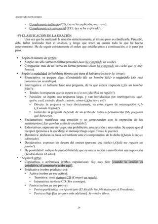 Apuntes de morfosintaxis
• Complemento indirecto (CI): (ya se ha explicado, muy raro).
• Complemento circunstancial (CC): (ya se ha explicado).
4º) CLASIFICACIÓN DE LA ORACIÓN
Una vez que he analizado la oración sintácticamente, el último paso es clasificarla. Para ello,
debo haber realizado bien el análisis, y tengo que tener en cuenta todo lo que he hecho
anteriormente. He de seguir estrictamente el orden que establecemos a continuación, e ir paso por
paso.
• Según el número de verbos:
• Simple: un solo verbo en forma personal (Juan ha comprado un coche).
• Compuesta: más de un verbo en forma personal (Juan ha comprado un coche que es muy
bonito).
• Según la modalidad del hablante (forma que tiene el hablante de decir las cosas):
• Enunciativa: se asegura algo, afirmándolo (Es un hombre feliz) o negándolo (No está
contento con su trabajo).
• Interrogativa: el hablante hace una pregunta, de la que espera respuesta (¿Es un hombre
feliz?):
• Totales: la respuesta que se espera es sí o no (¿Recibió mi regalo?).
• Parciales: se espera una respuesta larga, y van introducidas por interrogativos -qué,
quién, cuál, cuándo, dónde, cuánto, cómo- (¿Qué hora es?)
• Directa: la pregunta se hace directamente, va entre signos de interrogación -¿?-
(¿Cuándo llegará?).
• Indirecta: la pregunta depende de un verbo de habla o pensamiento (Me preguntó
qué hora era).
• Exclamativas: manifiesta una emoción y se corresponden con la expresión de los
sentimientos (¡Las gambas están de escándalo!).
• Exhortativas: expresan un ruego, una prohibición, una petición o una orden. Se espera que el
receptor (persona a la que dirijo el mensaje) haga algo (Cierra la puerta).
• Dubitativa: declaran la duda del hablante ante el cumplimiento de lo dicho (Quizás lo hayas
adivinado).
• Desiderativa: expresan los deseos del emisor (persona que habla) (¡Ojalá me regalen un
jamón!).
• De posibilidad: indican la probabilidad de que ocurra la acción o manifiestan una suposición
(Tendrá ahora 18 años).
• Según el verbo:
• Copulativas o atributivas (verbos copulativos): Soy muy feliz [cuando la oración es
copulativa, el comentario acaba aquí].
• Predicativa (verbos predicativos):
• Activa (verbos en voz activa):
• Transitiva: tiene siempre CD (Compré un regalo).
• Intransitiva: no tiene CD (Ven conmigo).
• Pasiva (verbos en voz pasiva):
• Pasiva perifrástica: ser+participio (El Alcalde fue felicitado por el Presidente).
• Pasiva refleja [las veremos más adelante]: Se venden libros.
26
 