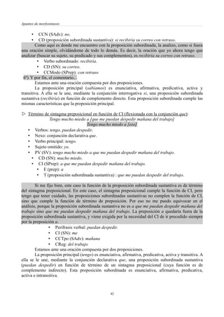 Apuntes de morfosintaxis
• CCN (SAdv): no.
• CD (proposición subordinada sustantiva): si recibiría su correo con retraso.
Como aquí es donde me encuentro con la proposición subordinada, la analizo, como si fuera
una oración simple, olvidándome de todo lo demás. Es decir, la oración que yo ahora tengo que
analizar (buscar su sujeto, su predicado y sus complementos), es recibiría su correo con retraso.
• Verbo subordinado: recibiría.
• CD (SN): su correo.
• CCModo (SPrep): con retraso
6º) Y por fin, el comentario...
Estamos ante una oración compuesta por dos proposiciones.
La proposición principal (sabíamos) es enunciativa, afirmativa, predicativa, activa y
transitiva. A ella se le une, mediante la conjunción interrogativa si, una proposición subordinada
sustantiva (recibiría) en función de complemento directo. Esta proposición subordinada cumple las
mismas características que la proposición principal.
 Término de sintagma preposicional en función de CI (flexionada con la conjunción que):
Tengo mucho miedo a [que me puedan despedir mañana del trabajo]
Tengo mucho miedo a [eso]
• Verbos: tengo, puedan despedir.
• Nexo: conjunción declarativa que.
• Verbo principal: tengo.
• Sujeto omitido: yo.
• PV (SV): tengo mucho miedo a que me puedan despedir mañana del trabajo.
• CD (SN): mucho miedo.
• CI (SPrep): a que me puedan despedir mañana del trabajo.
• E (prep): a
• T (proposición subordinada sustantiva) : que me puedan despedir del trabajo.
Si me fijo bien, este caso la función de la proposición subordinada sustantiva es de término
del sintagma preposicional. En este caso, el sintagma preposicional cumple la función de CI, pero
tengo que tener cuidado, las proposiciones subordinadas sustantivas no cumplen la función de CI,
sino que cumple la función de término de preposición. Por eso no me puedo equivocar en el
análisis, porque la proposición subordinada sustantiva no es a que me puedan despedir mañana del
trabajo sino que me puedan despedir mañana del trabajo. La preposición a quedaría fuera de la
proposición subordinada sustantiva, y viene exigida por la necesidad del CI de ir precedido siempre
por la preposición a.
• Perífrasis verbal: puedan despedir.
• CI (SN): me
• CCTpo (SAdv): mañana
• CReg: del trabajo
Estamos ante una oración compuesta por dos proposiciones.
La proposición principal (tengo) es enunciativa, afirmativa, predicativa, activa y transitiva. A
ella se le une, mediante la conjunción declarativa que, una proposición subordinada sustantiva
(puedan despedir) en función de término de un sintagma preposicional (cuya función es de
complemento indirecto). Esta proposición subordinada es enunciativa, afirmativa, predicativa,
activa e intransitiva.
42
 