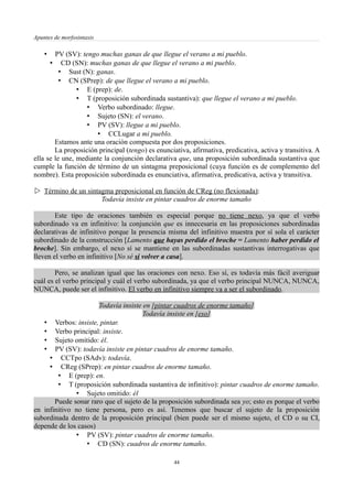 Apuntes de morfosintaxis
• PV (SV): tengo muchas ganas de que llegue el verano a mi pueblo.
• CD (SN): muchas ganas de que llegue el verano a mi pueblo.
• Sust (N): ganas.
• CN (SPrep): de que llegue el verano a mi pueblo.
• E (prep): de.
• T (proposición subordinada sustantiva): que llegue el verano a mi pueblo.
• Verbo subordinado: llegue.
• Sujeto (SN): el verano.
• PV (SV): llegue a mi pueblo.
• CCLugar a mi pueblo.
Estamos ante una oración compuesta por dos proposiciones.
La proposición principal (tengo) es enunciativa, afirmativa, predicativa, activa y transitiva. A
ella se le une, mediante la conjunción declarativa que, una proposición subordinada sustantiva que
cumple la función de término de un sintagma preposicional (cuya función es de complemento del
nombre). Esta proposición subordinada es enunciativa, afirmativa, predicativa, activa y transitiva.
 Término de un sintagma preposicional en función de CReg (no flexionada):
Todavía insiste en pintar cuadros de enorme tamaño
Este tipo de oraciones también es especial porque no tiene nexo, ya que el verbo
subordinado va en infinitivo: la conjunción que es innecesaria en las proposiciones subordinadas
declarativas de infinitivo porque la presencia misma del infinitivo muestra por sí sola el carácter
subordinado de la construcción [Lamento que hayas perdido el broche = Lamento haber perdido el
broche]. Sin embargo, el nexo sí se mantiene en las subordinadas sustantivas interrogativas que
lleven el verbo en infinitivo [No sé si volver a casa].
Pero, se analizan igual que las oraciones con nexo. Eso sí, es todavía más fácil averiguar
cuál es el verbo principal y cuál el verbo subordinada, ya que el verbo principal NUNCA, NUNCA,
NUNCA, puede ser el infinitivo. El verbo en infinitivo siempre va a ser el subordinado.
Todavía insiste en [pintar cuadros de enorme tamaño]
Todavía insiste en [eso]
• Verbos: insiste, pintar.
• Verbo principal: insiste.
• Sujeto omitido: él.
• PV (SV): todavía insiste en pintar cuadros de enorme tamaño.
• CCTpo (SAdv): todavía.
• CReg (SPrep): en pintar cuadros de enorme tamaño.
• E (prep): en.
• T (proposición subordinada sustantiva de infinitivo): pintar cuadros de enorme tamaño.
• Sujeto omitido: él
Puede sonar raro que el sujeto de la proposición subordinada sea yo; esto es porque el verbo
en infinitivo no tiene persona, pero es así. Tenemos que buscar el sujeto de la proposición
subordinada dentro de la proposición principal (bien puede ser el mismo sujeto, el CD o su CI,
depende de los casos)
• PV (SV): pintar cuadros de enorme tamaño.
• CD (SN): cuadros de enorme tamaño.
44
 