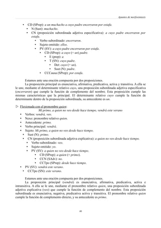 Apuntes de morfosintaxis
• CD (SPrep): a un muchacho a cuyo padre encerraron por estafa.
• N (Sust): muchacho.
• CN (proposición subordinada adjetiva especificativa): a cuyo padre encerraron por
estafa.
• Verbo subordinado: encerraron.
• Sujeto omitido: ellos.
• PV (SV): a cuyo padre encerraron por estafa.
• CD (SPrep): a cuyo (= un) padre.
• E (prep): a
• T (SN): cuyo padre.
• Det: cuyo (= un).
• Sust (N): padre.
• CCCausa (SPrep): por estafa.
Estamos ante una oración compuesta por dos proposiciones.
La proposición principal es enunciativa, afirmativa, predicativa, activa y transitiva. A ella se
le une, mediante el determinante relativo cuyo, una proposición subordinada adjetiva especificativa
(encerraron) que cumple la función de complemento del nombre. Esta proposición cumple las
mismas características que la principal. El determinante relativo cuyo cumple la función de
determinante dentro de la proposición subordinada, su antecedente es un.
 Flexionada con el pronombre quien:
Mi primo, a quien no veo desde hace tiempo, vendrá este verano
• Verbos: vendrá, veo.
• Nexo: pronombre relativo quien.
• Antecedente: primo.
• Verbo principal: vendrá.
• Sujeto: Mi primo, a quien no veo desde hace tiempo.
• Sust (N): primo.
• CN (proposición subordinada adjetiva explicativa): a quien no veo desde hace tiempo.
• Verbo subordinado: veo.
• Sujeto omitido: yo.
• PV (SV): a quien no veo desde hace tiempo.
• CD (SPrep): a quien (= primo).
• CCN (SAdv): no.
• CCTpo (SPrep): desde hace tiempo.
• PV (SV): vendrá este verano.
• CCTpo (SN): este verano.
Estamos ante una oración compuesta por dos proposiciones.
La proposición principal (vendrá) es enunciativa, afirmativa, predicativa, activa e
intransitiva. A ella se le une, mediante el pronombre relativo quien, una proposición subordinada
adjetiva explicativa (veo) que cumple la función de complemento del nombre. Esta proposición
subordinada es enunciativa, negativa, predicativa activa y transitiva. El pronombre relativo quien
cumple la función de complemento directo, y su antecedente es primo.
49
 