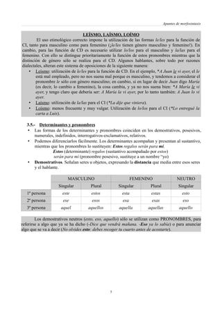 Apuntes de morfosintaxis
LEÍSMO, LAÍSMO, LOÍMO
El uso etimológico correcto impone la utilización de las formas le/les para la función de
CI, tanto para masculino como para femenino (¡le/les tienen género masculino y femenino!). En
cambio, para las función de CD es necesario utilizar lo/los para el masculino y la/las para el
femenino. Con ello se distingue prioritariamente la función de estos pronombres mientras que la
distinción de género sólo se realiza para el CD. Algunos hablantes, sobre todo por razones
dialectales, alteran este sistema de oposiciones de la siguiente manera:
• Leísmo: utilización de le/les para la función de CD. En el ejemplo, *A Juan le vi ayer, el le
está mal empleado, pero no nos suena mal porque es masculino, y tendemos a considerar el
pronombre le sólo con género masculino; en cambio, si en lugar de decir Juan digo María
(es decir, lo cambio a femenino), la cosa cambia, y ya no nos suena bien: *A María le vi
ayer, y tengo claro que debería ser: A María la vi ayer, por lo tanto también: A Juan lo vi
ayer.
• Laísmo: utilización de la/las para el CI (*La dije que viniera).
• Loísmo: menos frecuente y muy vulgar. Utilización de lo/los para el CI (*Lo entregué la
carta a Luis).
3.5.- Determinantes y pronombres
• Las formas de los determinantes y pronombres coinciden en los demostrativos, posesivos,
numerales, indefinidos, interrogativos-exclamativos, relativos.
• Podemos diferenciarlos fácilmente. Los determinantes acompañan y presentan al sustantivo,
mientras que los pronombres lo sustituyen: Estos regalos serán para mí.
Estos (determinante) regalos (sustantivo acompañado por estos)
serán para mí (pronombre posesivo, sustituye a un nombre “yo)
• Demostrativos. Señalan seres u objetos, expresando la distancia que media entre esos seres
y el hablante.
MASCULINO FEMENINO NEUTRO
Singular Plural Singular Plural Singular
1ª persona este estos esta estas esto
2ª persona ese esos esa esas eso
3ª persona aquel aquellos aquella aquellas aquello
Los demostrativos neutros (esto, eso, aquello) sólo se utilizan como PRONOMBRES, para
referirse a algo que ya se ha dicho (-Dice que vendrá mañana. -Eso ya lo sabía) o para anunciar
algo que se va a decir (No olvides esto: debes recoger tu cuarto antes de acostarte).
5
 