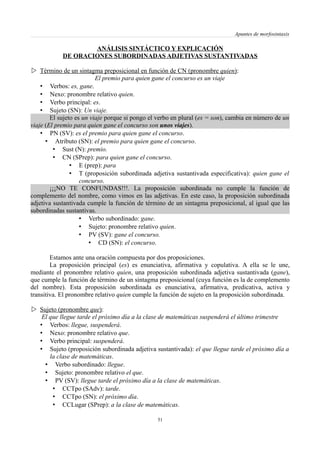 Apuntes de morfosintaxis
ANÁLISIS SINTÁCTICO Y EXPLICACIÓN
DE ORACIONES SUBORDINADAS ADJETIVAS SUSTANTIVADAS
 Término de un sintagma preposicional en función de CN (pronombre quien):
El premio para quien gane el concurso es un viaje
• Verbos: es, gane.
• Nexo: pronombre relativo quien.
• Verbo principal: es.
• Sujeto (SN): Un viaje.
El sujeto es un viaje porque si pongo el verbo en plural (es = son), cambia en número de un
viaje (El premio para quien gane el concurso son unos viajes).
• PN (SV): es el premio para quien gane el concurso.
• Atributo (SN): el premio para quien gane el concurso.
• Sust (N): premio.
• CN (SPrep): para quien gane el concurso.
• E (prep): para
• T (proposición subordinada adjetiva sustantivada especificativa): quien gane el
concurso.
¡¡¡NO TE CONFUNDAS!!!. La proposición subordinada no cumple la función de
complemento del nombre, como vimos en las adjetivas. En este caso, la proposición subordinada
adjetiva sustantivada cumple la función de término de un sintagma preposicional, al igual que las
subordinadas sustantivas.
• Verbo subordinado: gane.
• Sujeto: pronombre relativo quien.
• PV (SV): gane el concurso.
• CD (SN): el concurso.
Estamos ante una oración compuesta por dos proposiciones.
La proposición principal (es) es enunciativa, afirmativa y copulativa. A ella se le une,
mediante el pronombre relativo quien, una proposición subordinada adjetiva sustantivada (gane),
que cumple la función de término de un sintagma preposicional (cuya función es la de complemento
del nombre). Esta proposición subordinada es enunciativa, afirmativa, predicativa, activa y
transitiva. El pronombre relativo quien cumple la función de sujeto en la proposición subordinada.
 Sujeto (pronombre que):
El que llegue tarde el próximo día a la clase de matemáticas suspenderá el último trimestre
• Verbos: llegue, suspenderá.
• Nexo: pronombre relativo que.
• Verbo principal: suspenderá.
• Sujeto (proposición subordinada adjetiva sustantivada): el que llegue tarde el próximo día a
la clase de matemáticas.
• Verbo subordinado: llegue.
• Sujeto: pronombre relativo el que.
• PV (SV): llegue tarde el próximo día a la clase de matemáticas.
• CCTpo (SAdv): tarde.
• CCTpo (SN): el próximo día.
• CCLugar (SPrep): a la clase de matemáticas.
51
 