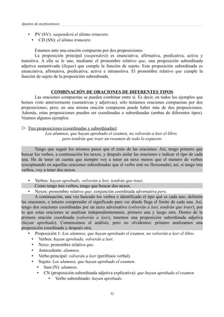 Apuntes de morfosintaxis
• PV (SV): suspenderá el último trimestre.
• CD (SN): el último trimestre.
Estamos ante una oración compuesta por dos proposiciones.
La proposición principal (suspenderá) es enunciativa, afirmativa, predicativa, activa y
transitiva. A ella se le une, mediante el pronombre relativo que, una proposición subordinada
adjetiva sustantivada (llegue) que cumple la función de sujeto. Esta proposición subordinada es
enunciativa, afirmativa, predicativa, activa e intransitiva. El pronombre relativo que cumple la
función de sujeto de la proposición subordinada.
COMBINACIÓN DE ORACIONES DE DIFERENTES TIPOS
Las oraciones compuestas se pueden combinar entre sí. Es decir, en todos los ejemplos que
hemos visto anteriormente (sustantivas y adjetivas), sólo teníamos oraciones compuestas por dos
proposiciones; pero, en una misma oración compuesta puede haber más de dos proposiciones.
Además, estas proposiciones pueden ser coordinadas o subordinadas (ambas de diferentes tipos).
Veamos algunos ejemplos.
 Tres proposiciones (coordinadas y subordinadas):
Los alumnos, que hayan aprobado el examen, no volverán a leer el libro,
pero tendrán que traer un resumen de todo lo expuesto
Tengo que seguir los mismos pasos que el resto de las oraciones. Así, tengo primero que
buscar los verbos, a continuación los nexos, y después aislar las oraciones e indicar el tipo de cada
una. He de tener en cuenta que siempre voy a tener un nexo menos que el número de verbos
(exceptuando en aquellas oraciones subordinadas que el verbo esté no flexionada); así, si tengo tres
verbos, voy a tener dos nexos.
• Verbos: hayan aprobado, volverán a leer, tendrán que traer.
Como tengo tres verbos, tengo que buscar dos nexos.
• Nexos: pronombre relativo que; conjunción coordinada adversativa pero.
A continuación, una vez buscado los verbos e identificado el tipo qué es cada uno, delimito
las oraciones, e intento comprender el significado para ver dónde llega el límite de cada una. Así,
tengo dos oraciones coordinadas por un nexo adversativo (volverán a leer, tendrán que traer), por
lo que estas oraciones se analizan independientemente, primero una y luego otra. Dentro de la
primera oración coordinada (volverán a leer), tenemos una proposición subordinada adjetiva
(hayan aprobado). Comencemos el análisis, pero no olvidemos: primero analizamos una
proposición coordinada y después otra.
• Proposición 1: Los alumnos, que hayan aprobado el examen, no volverán a leer el libro.
• Verbos: hayan aprobado, volverán a leer.
• Nexo: pronombre relativo que.
• Antecedente: alumnos.
• Verbo principal: volverán a leer (perífrasis verbal).
• Sujeto: Los alumnos, que hayan aprobado el examen.
• Sust (N): alumnos.
• CN (proposición subordinada adjetiva explicativa): que hayan aprobado el examen
• Verbo subordinado: hayan aprobado.
52
 