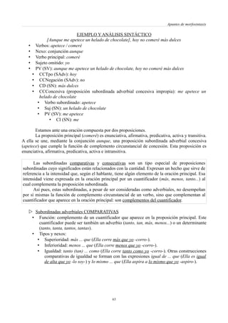 Apuntes de morfosintaxis
EJEMPLO Y ANÁLISIS SINTÁCTICO
[Aunque me apetece un helado de chocolate], hoy no comeré más dulces
• Verbos: apetece / comeré
• Nexo: conjunción aunque
• Verbo principal: comeré
• Sujeto omitido: yo
• PV (SV): aunque me apetece un helado de chocolate, hoy no comeré más dulces
• CCTpo (SAdv): hoy
• CCNegación (SAdv): no
• CD (SN): más dulces
• CCConcesiva (proposición subordinada adverbial concesiva impropia): me apetece un
helado de chocolate
• Verbo subordinado: apetece
• Suj (SN): un helado de chocolate
• PV (SV): me apetece
• CI (SN): me
Estamos ante una oración compuesta por dos proposiciones.
La proposición principal (comeré) es enunciativa, afirmativa, predicativa, activa y transitiva.
A ella se une, mediante la conjunción aunque, una proposición subordinada adverbial concesiva
(apetece) que cumple la función de complemento circunstancial de concesión. Esta proposición es
enunciativa, afirmativa, predicativa, activa e intransitiva.
Las subordinadas comparativas y consecutivas son un tipo especial de proposiciones
subordinadas cuyo significados están relacionados con la cantidad. Expresan un hecho que sirve de
referencia a la intensidad que, según el hablante, tiene algún elemento de la oración principal. Esa
intensidad viene expresada en la oración principal por un cuantificador (más, menos, tanto...) al
cual complementa la proposición subordinada.
Así pues, estas subordinadas, a pesar de ser consideradas como adverbiales, no desempeñan
por sí mismas la función de complemento circunstancial de un verbo, sino que complementan al
cuantificador que aparece en la oración principal: son complementos del cuantificador.
 Subordinadas adverbiales COMPARATIVAS
• Función: complemento de un cuantificador que aparece en la proposición principal. Este
cuantificador puede ser también un adverbio (tanto, tan, más, menos...) o un determinante
(tanto, tanta, tantos, tantas).
• Tipos y nexos:
• Superioridad: más ... que (Ella corre más que yo -corro-).
• Inferioridad: menos ... que (Ella corre menos que yo -corro-).
• Igualdad: tanto (tan) ... como (Ella corre tanto como yo -corro-). Otras construcciones
comparativas de igualdad se forman con las expresiones igual de ... que (Ella es igual
de alta que yo -lo soy-) y lo mismo ... que (Ella aspira a lo mismo que yo -aspiro-).
63
 