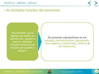 10
• As múltiplas funções dos pronomes
Os pronomes, ao se
ligarem aos nomes ou
substituí-los, passam a
exercer múltiplas
funções sintáticas nas
orações que ajudam a
compor.
Os pronomes subclassificam-se em
pessoais, demonstrativos, possessivos,
interrogativos, indefinidos, relativos e
de tratamento.
 