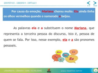 14
As palavras ela e a substituem o nome Mariana, que
representa a terceira pessoa do discurso, isto é, pessoa de
quem se fala. Por isso, nesse exemplo, ela e a são pronomes
pessoais.
Por causa da emoção, Mariana chorou muito. Ela ainda tinha
os olhos vermelhos quando o namorado a beijou.
 