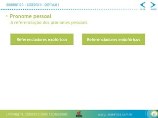 27
• Pronome pessoal
A referenciação dos pronomes pessoais
Referenciadores exofóricos Referenciadores endofóricos
 