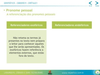 28
• Pronome pessoal
A referenciação dos pronomes pessoais
Não retoma os termos já
presentes no texto nem prepara
o leitor para conhecer aqueles
que lhe serão apresentados. Os
exofóricos fazem referência a
elementos externos, que estão
fora do texto.
Referenciadores exofóricos Referenciadores endofóricos
 