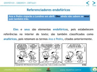 32
Referenciadores endofóricos
Eles e seus são elementos endofóricos, pois estabelecem
referências no interior do texto; são também classificados como
anafóricos, pois retomam os termos Ana e Pedro, citados anteriormente.
Ana e Pedro viajarão a Londres em abril. Eles ainda não sabem se seus
pais também irão.
 