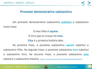 44
Pronome demonstrativo substantivo
Um pronome demonstrativo substantivo substitui o substantivo
numa frase:
O meu filho é aquele.
O livro que eu trouxe foi esse.
Esta é a primeira história dele.
Na primeira frase, o pronome substantivo aquele substitui o
substantivo filho. Na segunda frase, o pronome substantivo esse substitui
o substantivo livro. Na terceira frase, o pronome substantivo esta
substitui o substantivo história. https://www.normaculta.com.br/pronomes-demonstrativos/
 