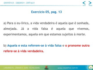 59
Exercício 05, pag. 13
a) Para o eu-lírico, a vida verdadeira é aquela que é sonhada,
almejada. Já a vida falsa é aquela que vivemos,
experimentamos, aquela em que estamos sujeitos à morte.
b) Aquela e esta referem-se à vida falsa e o pronome outra
refere-se à vida verdadeira.
 