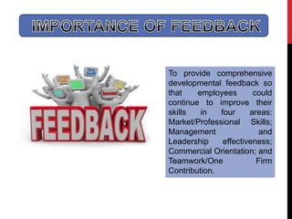 To provide comprehensive
developmental feedback so
that employees could
continue to improve their
skills in four areas:
Market/Professional Skills;
Management and
Leadership effectiveness;
Commercial Orientation; and
Teamwork/One Firm
Contribution.
 