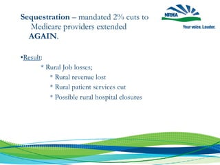 Sequestration – mandated 2% cuts to
Medicare providers extended
AGAIN.
•Result:
* Rural Job losses;
* Rural revenue lost
* Rural patient services cut
* Possible rural hospital closures
 