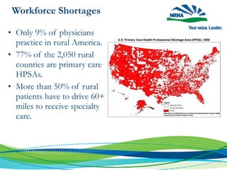 Workforce Shortages
• Only 9% of physicians
practice in rural America.
• 77% of the 2,050 rural
counties are primary care
HPSAs.
• More than 50% of rural
patients have to drive 60+
miles to receive specialty
care.
 