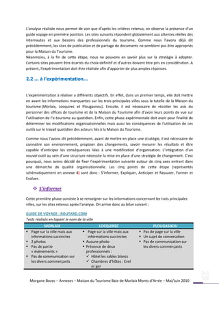 L’analyse réalisée nous permet de voir que d’après les critères retenus, on observe la présence d’un
guide voyage en première position. Les sites suivants répondent globalement aux attentes réelles des
internautes et aux besoins des professionnels du tourisme. Comme nous l’avons déjà dit
précédemment, les sites de publication et de partage de documents ne semblent pas être appropriés
pour la Maison du Tourisme.
Néanmoins, à la fin de cette étape, nous ne pouvons en savoir plus sur la stratégie à adopter.
Certains sites peuvent être écartés du choix définitif et d’autres doivent être pris en considération. A
présent, l’expérimentation doit être réalisée afin d’apporter de plus amples réponses.

2.2 … à l’expérimentation…


L’expérimentation à réaliser a différents objectifs. En effet, dans un premier temps, elle doit mettre
en avant les informations manquantes sur les trois principales villes sous la tutelle de la Maison du
tourisme (Morlaix, Locquirec et Plougasnou). Ensuite, il est nécessaire de récolter les avis du
personnel des offices de tourisme et de la Maison du Tourisme afin d’avoir leurs points de vue sur
l’utilisation de l’e-tourisme au quotidien. Enfin, cette phase expérimentale doit avoir pour finalité de
déterminer les modifications organisationnelles mais aussi les conséquences de l’utilisation de ces
outils sur le travail quotidien des acteurs liés à la Maison du Tourisme.

Comme nous l’avons dit précédemment, avant de mettre en place une stratégie, il est nécessaire de
connaitre son environnement, proposer des changements, savoir mesurer les résultats et être
capable d’anticiper les conséquences liées à une modification d’organisation. L’intégration d’un
nouvel outil au sein d’une structure nécessite la mise en place d’une stratégie de changement. C’est
pourquoi, nous avons décidé de fixer l’expérimentation suivante autour de cinq axes entrant dans
une démarche de qualité organisationnelle. Les cinq points de cette étape (représentés
schématiquement en annexe 4) sont donc : S’informer, Expliquer, Anticiper et Rassurer, Former et
Evaluer.

      S’informer
Cette première phase consiste à se renseigner sur les informations concernant les trois principales
villes, sur les sites retenus après l’analyse. On arrive donc au bilan suivant :

GUIDE DE VOYAGE : ROUTARD.COM
Tests réalisés en tapant le nom de la ville
            MORLAIX                           LOCQUIREC                        PLOUGASNOU
   Page sur la ville mais aux       Page sur la ville mais aux       Pas de page sur la ville
    informations succinctes            informations succinctes         Un sujet de conversation
   2 photos                         Aucune photo                     Pas de communication sur
   Pas de partie                    Présence de deux                  les divers commerçants
    « évènements »                    professionnels :
   Pas de communication sur           Hôtel les sables blancs
    les divers commerçants             Chambres d’hôtes : Evel
                                         er ger


    Morgane Bozec – Annexes – Maison du Tourisme Baie de Morlaix Monts d’Arrée – Mai/Juin 2010
 