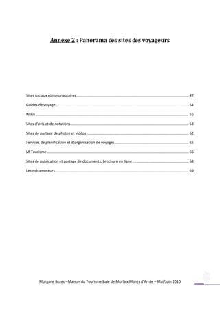 Annexe 2 : Panorama des sites des voyageurs




Sites sociaux communautaires .............................................................................................................. 47

Guides de voyage .................................................................................................................................. 54

Wikis ...................................................................................................................................................... 56

Sites d’avis et de notations.................................................................................................................... 58

Sites de partage de photos et vidéos .................................................................................................... 62

Services de planification et d’organisation de voyages ........................................................................ 65

M-Tourisme ........................................................................................................................................... 66

Sites de publication et partage de documents, brochure en ligne ....................................................... 68

Les métamoteurs ................................................................................................................................... 69




            Morgane Bozec –Maison du Tourisme Baie de Morlaix Monts d’Arrée – Mai/Juin 2010
 