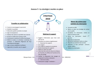 Annexe 5 : La stratégie à mettre en place


                                                                       STRATEGIE
                                                                           2010
                                                                                                                              Mener des actions pour
            Travailler en collaboration                                                                                       satisfaire les internautes

 Former et accompagner le personnel                                                                                Connaitre sa cible
 Modifier le quotidien                                                                                             Mettre en place une stratégie de contact
 Démarche qualité à prendre en compte                                                                               avec le public
   Agir en transparence                                                                                            Sensibiliser les internautes : mettre en
   Réaliser des actions en parallele avec internet                   Maitriser le support                           avant la richesse locale
   Ne plus se méfier des nouveaus outils                                                                           Attirer les internautes : visuel= 1ère
   Promouvoir et valoriser les offres touristiques          Suggérer l’information pour faire venir                garantie
   Mettre en place un animateur numérique de                  dans les OT                                          Répondre à la demande
    territoire. => Fédération Régionale des Pays             Actualiser les contenus régulièrement                 Démarche marketing à mettre en place
    Touristique de Bretagne                                     Dynamiser les supports                             Répondre aux attentes des touristes
                                                             Etre original                                         Intéresser et faire participer : concours
 Agir en toute crédibilité et confiance
                                                             Etre visible et respecter les standards                photos, vidéos…
 Apprendre à travailler avec le support
                                                             Rendre dynamique les supports                         Fidéliser les internautes
                                                             Mettre en valeur les outils
                                                             Créer des liens entre les sites de la Maison
                                                               du Tourisme, les offices de Tourisme et les
                                                               sites de partage
                                                             Faciliter la préparation des voyages en
                                     Morgane Bozec – Annexes – Maison du Tourisme Baie de Morlaix Monts d’Arrée – 2009/2010
                                                               proposant le contenu nécessaire
                                                                Créer de la valeur
                                                             Promouvoir sa page « Facebook »
 
