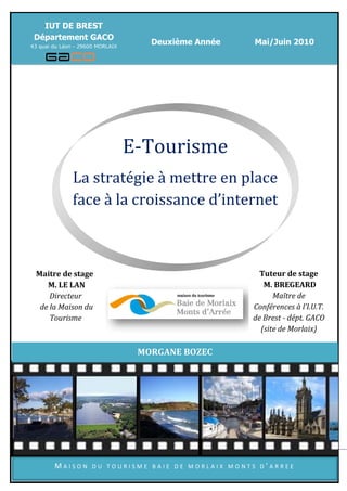 IUT DE BREST
 Département GACO
43 quai du Léon - 29600 MORLAIX
                                            Deuxième Année                     Mai/Juin 2010

       I.

       II.



       Sommaire




                                  E-Tourisme
                La stratégie à mettre en place
                face à la croissance d’internet



 Maitre de stage                                                                 Tuteur de stage
    M. LE LAN                                                                     M. BREGEARD
     Directeur                                                                       Maître de
  de la Maison du                                                              Conférences à l’I.U.T.
     Tourisme                                                                  de Brest - dépt. GACO
                                                                                 (site de Morlaix)

                                        MORGANE BOZEC




             Morgane Bozec – Maison du Tourisme Baie de Morlaix Monts d’Arrée – Mai/Juin 2010
        MAISON         DU TOURISME BAIE DE MORLAIX MONTS D’ARREE
                          Guerlesquin           Plougasnou               Morlaix
    Locquirec                                                                           Saint Thégonnec
 