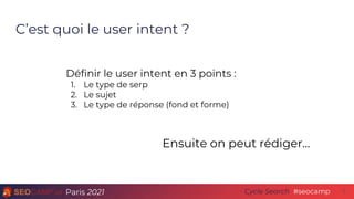Paris 2021 #seocamp
Cycle Search
C’est quoi le user intent ?
6
Ensuite on peut rédiger...
Définir le user intent en 3 points :
1. Le type de serp
2. Le sujet
3. Le type de réponse (fond et forme)
 