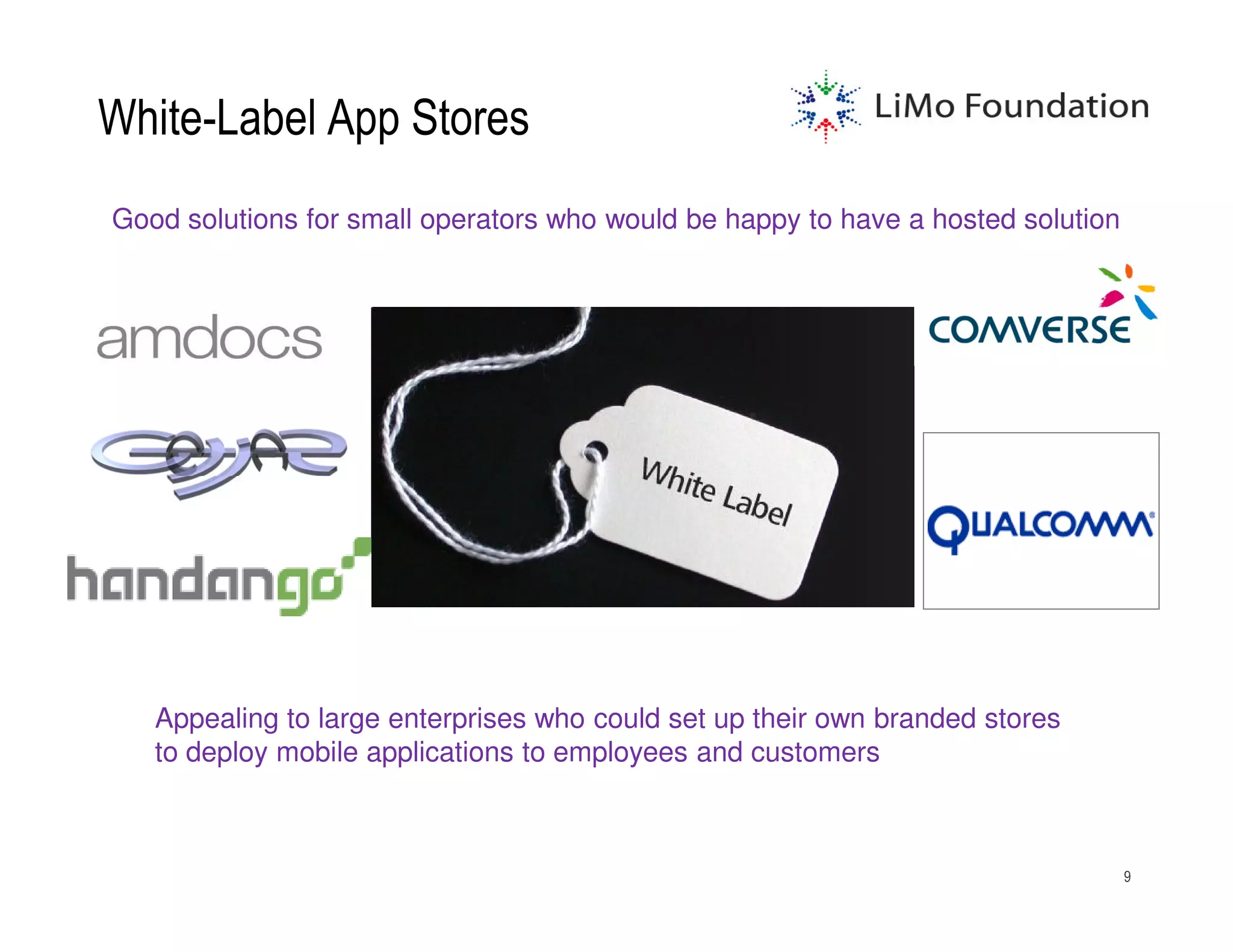 White-Label App Stores
Good solutions for small operators who would be happy to have a hosted solution




   Appealing to large enterprises who could set up their own branded stores
   to deploy mobile applications to employees and customers



                                                                                  9
 