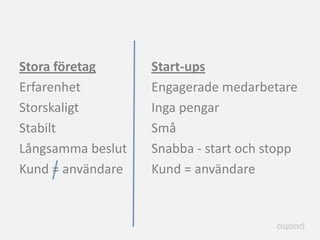 Stora företag      Start-ups
Erfarenhet         Engagerade medarbetare
Storskaligt        Inga pengar
Stabilt            Små
Långsamma beslut   Snabba - start och stopp
Kund = användare   Kund = användare
 