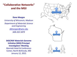 “Collaborative Networks”
and the MGI
Dane Morgan
University of Wisconsin, Madison
Department of Materials Science
and Engineering
ddmorgan@wisc.edu
608-265-5879
DOE/NSF Materials Genome
Initiative (MGI) Principal
Investigators' Meeting
Marriott Hotel & Conference
Center, North Bethesda, MD
January 12, 2015 1
 