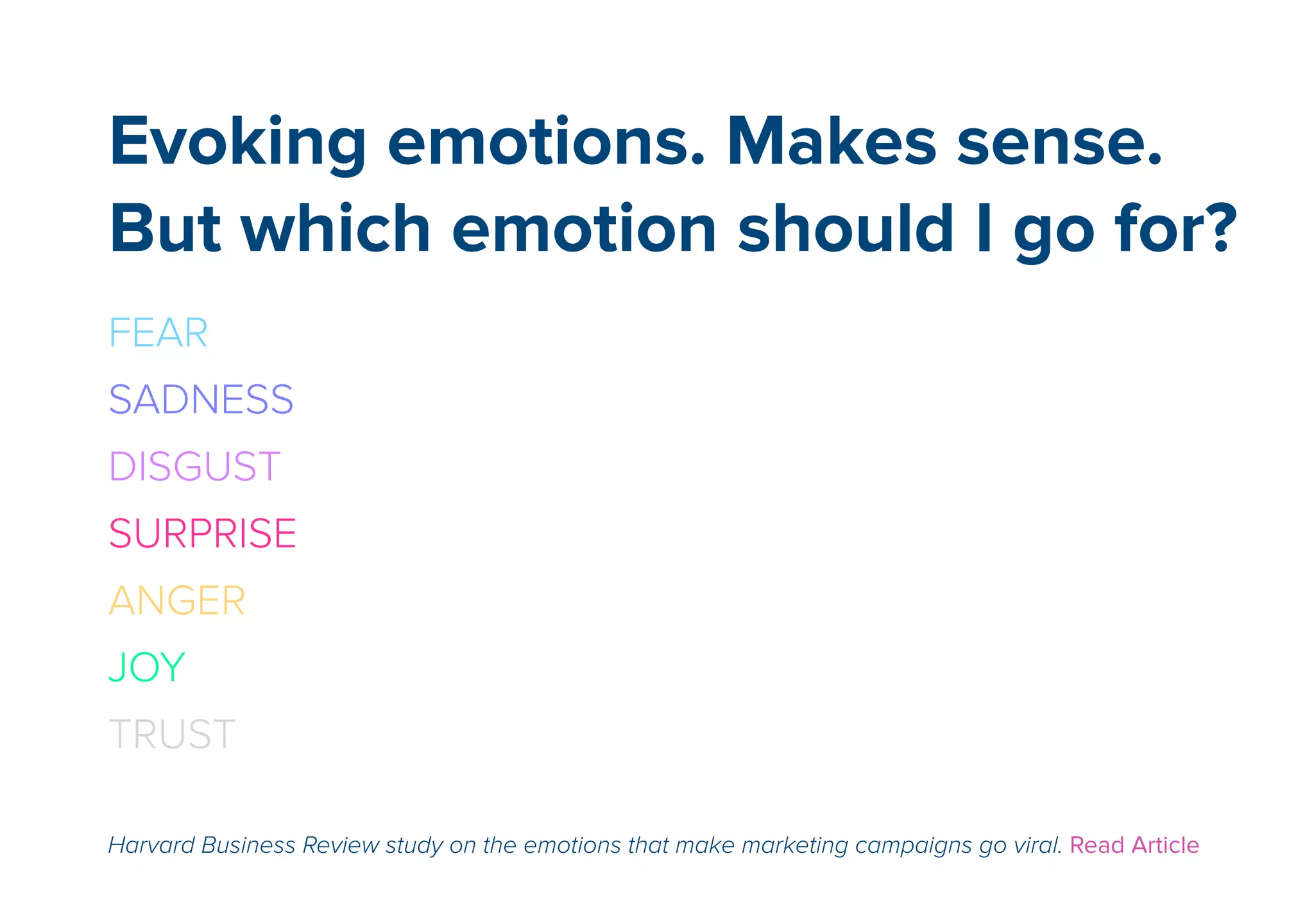 Evoking emotions. Makes sense. 
But which emotion should I go for? 
FEAR 
SADNESS 
DISGUST 
SURPRISE 
ANGER 
JOY 
TRUST 
Harvard Business Review study on the emotions that make marketing campaigns go viral. Read Article 
 