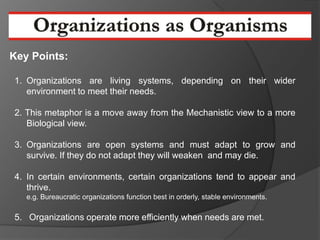 Key Points:

1. Organizations are living systems, depending on their wider
   environment to meet their needs.

2. This metaphor is a move away from the Mechanistic view to a more
   Biological view.

3. Organizations are open systems and must adapt to grow and
   survive. If they do not adapt they will weaken and may die.

4. In certain environments, certain organizations tend to appear and
   thrive.
   e.g. Bureaucratic organizations function best in orderly, stable environments.

5. Organizations operate more efficiently when needs are met.
 