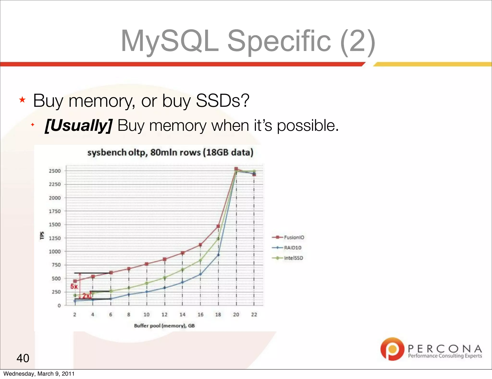 MySQL Specific (2)
     ★   Buy memory, or buy SSDs?
         ✦
              [Usually] Buy memory when it’s possible.




    40
Wednesday, March 9, 2011
 