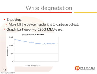 Write degradation
     ★   Expected.
         ✦
              More full the device, harder it is to garbage collect.
     ★   Graph for Fusion-io 320G MLC card:




    12
Wednesday, March 9, 2011
 