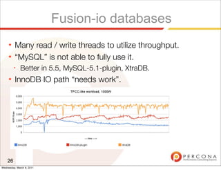 Fusion-io databases
     ★   Many read / write threads to utilize throughput.
     ★   “MySQL” is not able to fully use it.
         ✦
              Better in 5.5, MySQL-5.1-plugin, XtraDB.
     ★   InnoDB IO path “needs work”.




    26
Wednesday, March 9, 2011
 