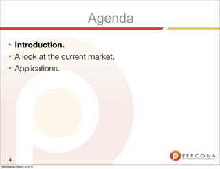 Agenda
     ★   Introduction.
     ★   A look at the current market.
     ★   Applications.




     4
Wednesday, March 9, 2011
 
