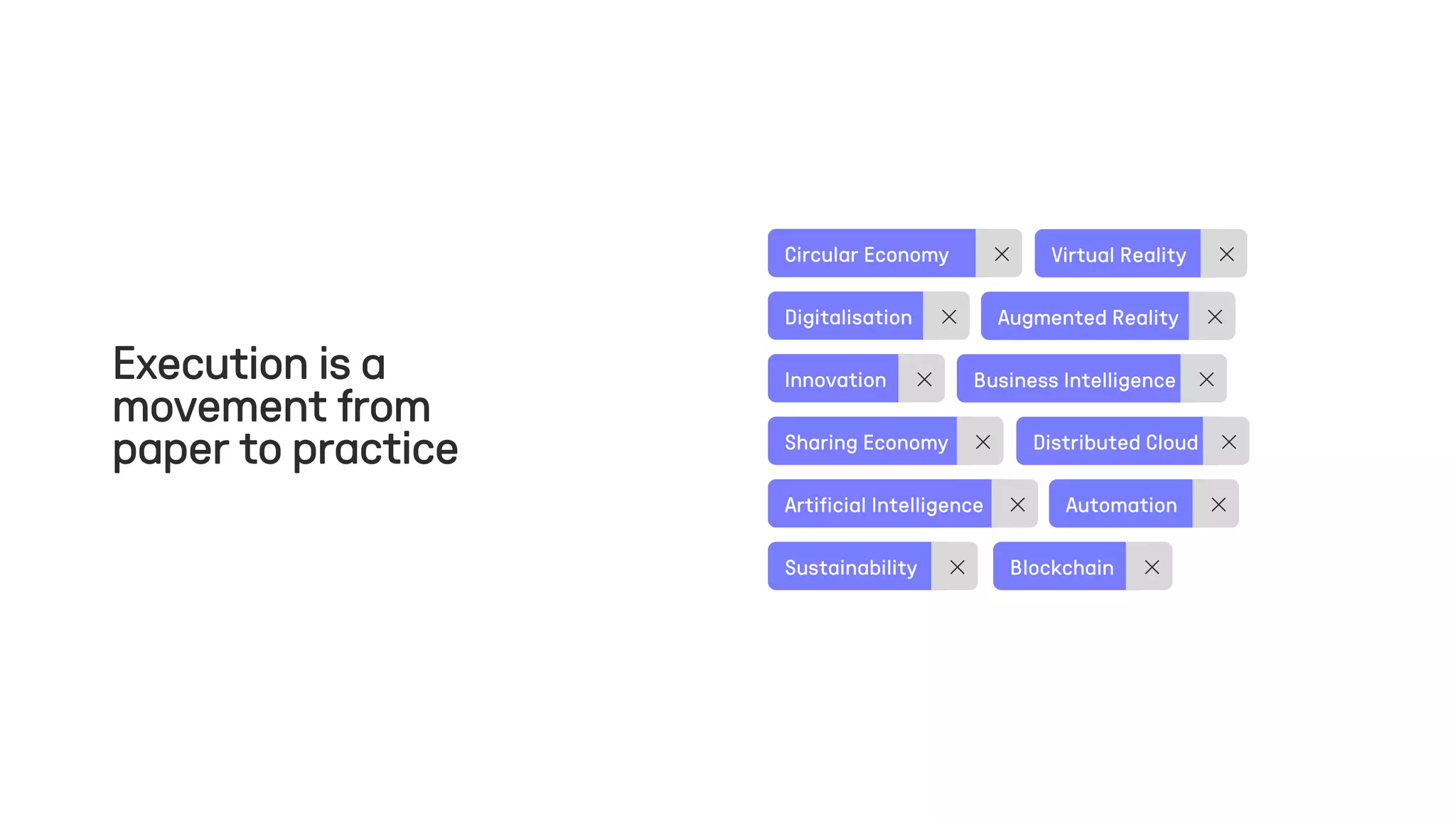Circular Economy ✕ Virtual Reality ✕
Sustainability ✕ Blockchain ✕
Digitalisation ✕
Distributed Cloud ✕
Sharing Economy ✕
Augmented Reality ✕
Artificial Intelligence ✕ Automation ✕
Business Intelligence ✕
Innovation ✕
Execution is a
movement from
paper to practice
 