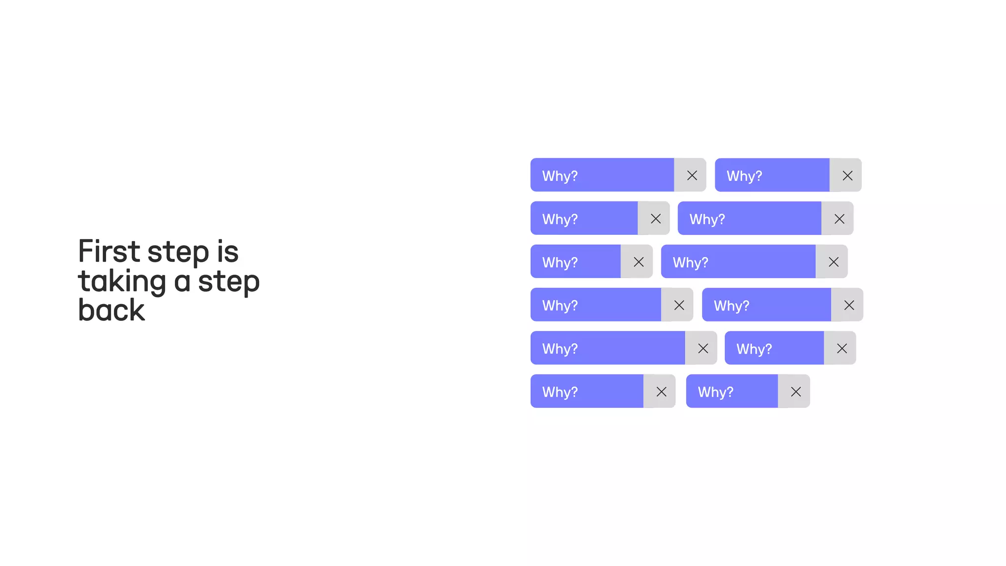 Circular Economy ✕ Virtual Reality ✕
Sustainability ✕ Blockchain ✕
Digitalisation ✕
Distributed Cloud ✕
Sharing Economy ✕
Augmented Reality ✕
Artificial Intelligence ✕ Automation ✕
Business Intelligence ✕
Innovation ✕
Why? ✕
Why? ✕ Why? ✕
Why? ✕
Why? ✕
Why? ✕
Why? ✕
Why? ✕ Why? ✕
Why? ✕
Why? ✕
First step is
taking a step
back
Why? ✕
 