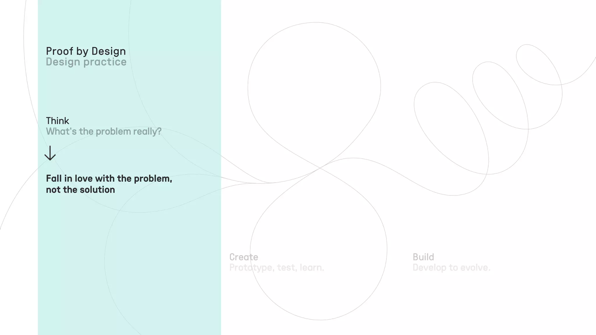Create Build
Think
Proof by Design
Fall in love with the problem,
not the solution
 