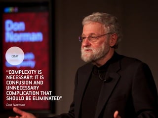 CITAT



COMPLEXITY IS
NECESSARY: IT IS
CONFUSION AND
UNNECESSARY
COMPLICATION THAT
SHOULD BE ELIMINATED
Don	
 ?Norman	
 ?
 