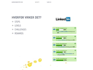 MORGENBOOSTER #6   6/22/11   SLIDE 22




HVORFOR VIRKER DET?
>?   STEPS
>?   LEVELS
>?   CHALLENGES
>?   REWARDS
 