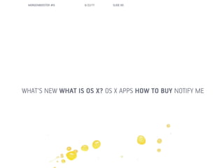 MORGENBOOSTER #6   6/22/11   SLIDE 89




WHATS NEW WHAT IS OS X? OS X APPS HOW TO BUY NOTIFY ME
 