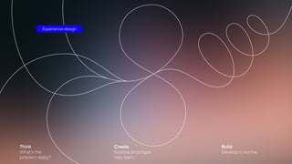 Think
What’s the
problem really?
Create
Explore, prototype,
test, learn.
Build
Develop to evolve
Experience design
 