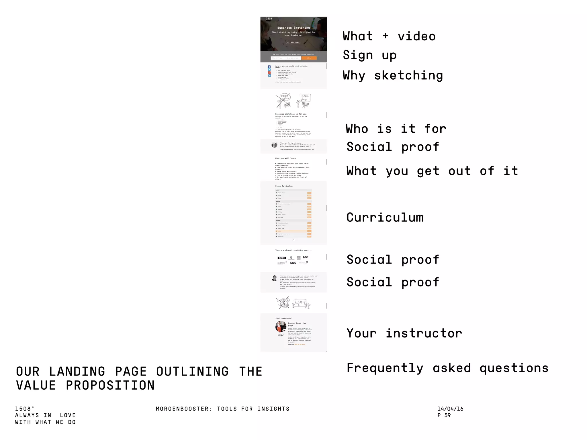 1508™
ALWAYS IN LOVE
WITH WHAT WE DO
OUR LANDING PAGE OUTLINING THE
VALUE PROPOSITION
MORGENBOOSTER: TOOLS FOR INSIGHTS 14/04/16
P 59
Why sketching
Who is it for
Social proof
What you get out of it
Curriculum
Social proof
Social proof
Your instructor
Frequently asked questions
What + video
Sign up
 