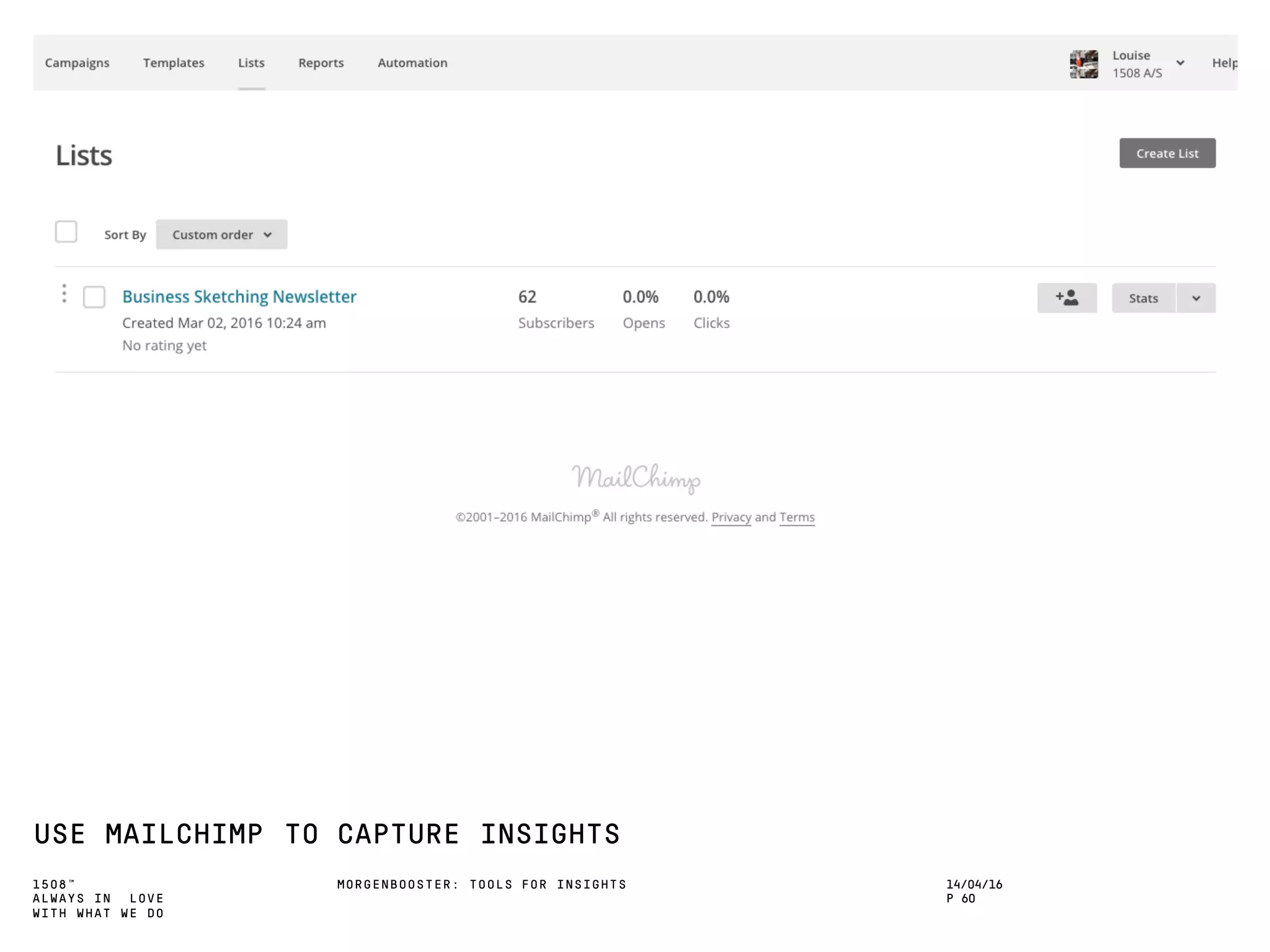 1508™
ALWAYS IN LOVE
WITH WHAT WE DO
USE MAILCHIMP TO CAPTURE INSIGHTS
MORGENBOOSTER: TOOLS FOR INSIGHTS 14/04/16
P 60
 