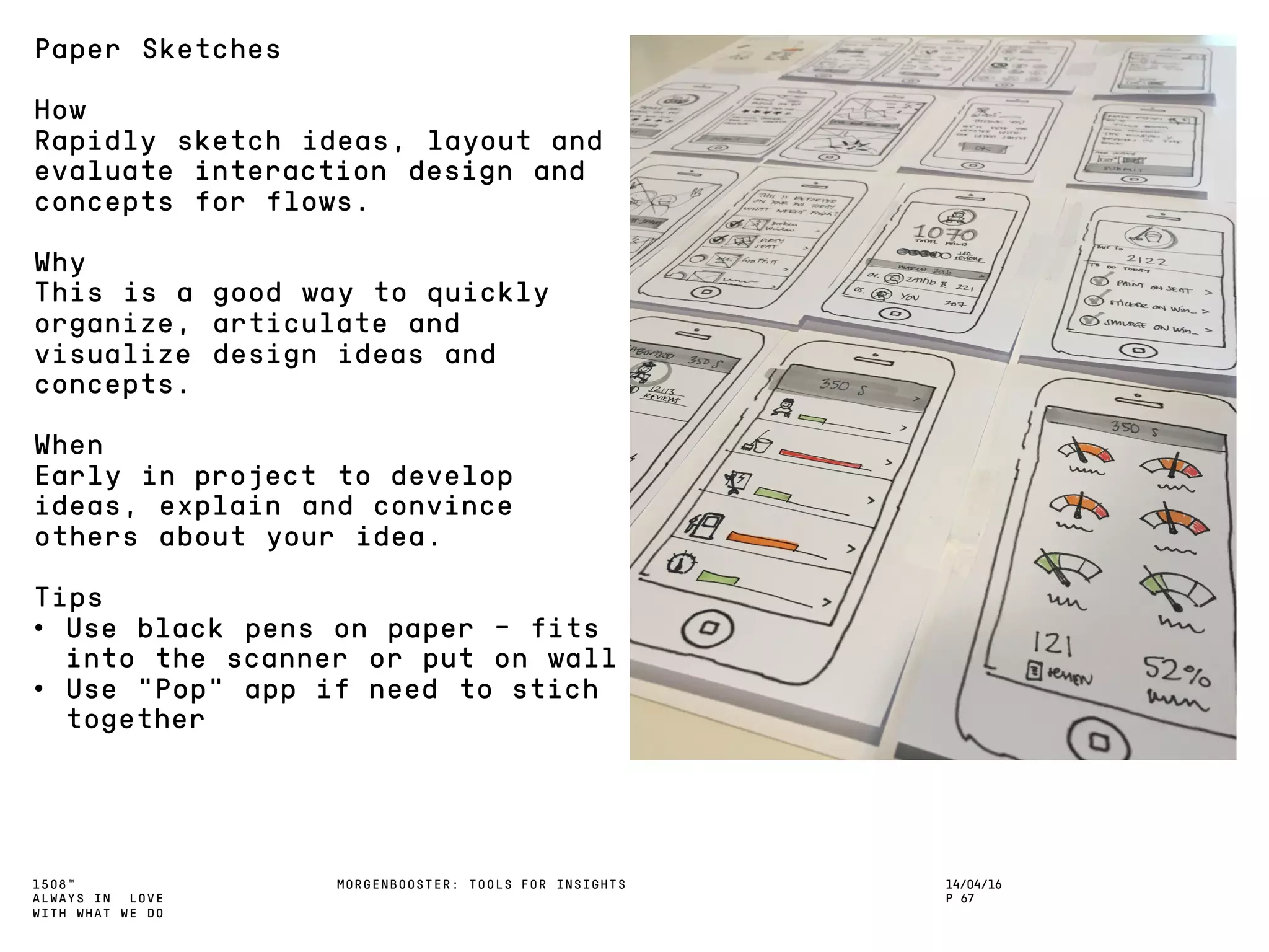 1508™
ALWAYS IN LOVE
WITH WHAT WE DO
14/04/16
P 67
MORGENBOOSTER: TOOLS FOR INSIGHTS
Paper Sketches
How
Rapidly sketch ideas, layout and
evaluate interaction design and
concepts for flows.
Why
This is a good way to quickly
organize, articulate and
visualize design ideas and
concepts.
When
Early in project to develop
ideas, explain and convince
others about your idea.
Tips
• Use black pens on paper – fits
into the scanner or put on wall
• Use “Pop” app if need to stich
together
 