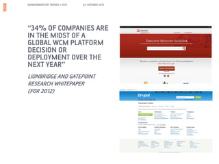 MORGENBOOSTER: TRENDS I 2013   24. OKTOBER 2012




“34% OF COMPANIES ARE
IN THE MIDST OF A
GLOBAL WCM PLATFORM
DECISION OR
DEPLOYMENT OVER THE
NEXT YEAR”
LIONBRIDGE AND GATEPOINT
RESEARCH WHITEPAPER
(FOR 2012)
 