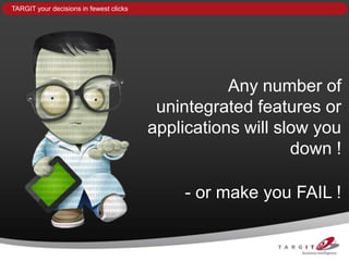 TARGIT your decisions in fewest clicks




                                                    Any number of
                                          unintegrated features or
                                         applications will slow you
                                                             down !

                                              - or make you FAIL !
 